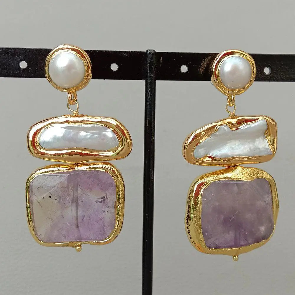 Pearl earrings Amethyst Faceted Square Freshwater White Biwa Stud 