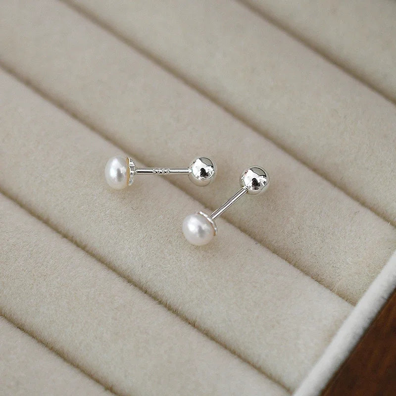 Natural Silver 925  Freshwater Pearl Spiral Clasp Stud Earrings