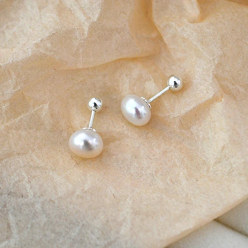 Natural Silver 925  Freshwater Pearl Spiral Clasp Stud Earrings