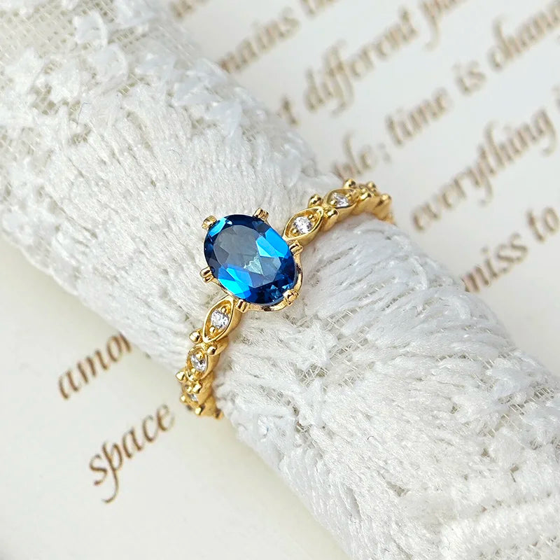 September Birthstone Natural Gemstone Ring Blue 925 Silver Gold Plated