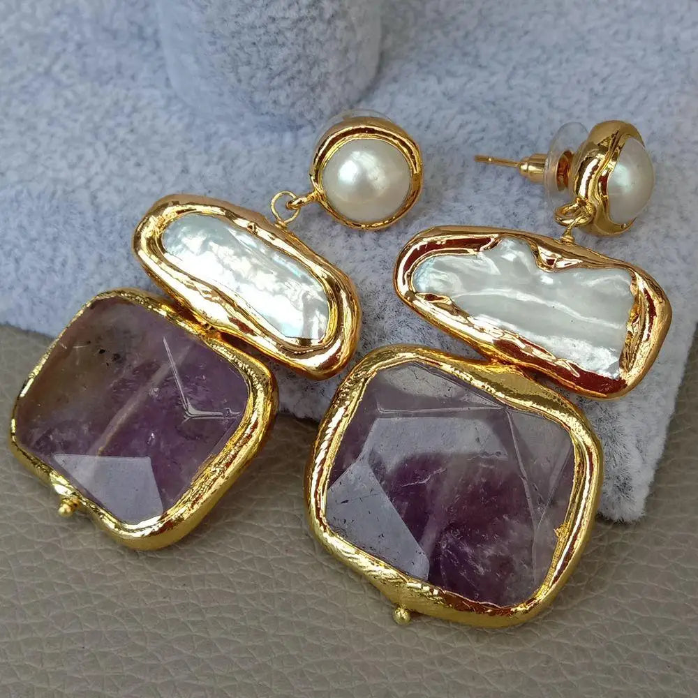 Pearl earrings Amethyst Faceted Square Freshwater White Biwa Stud 