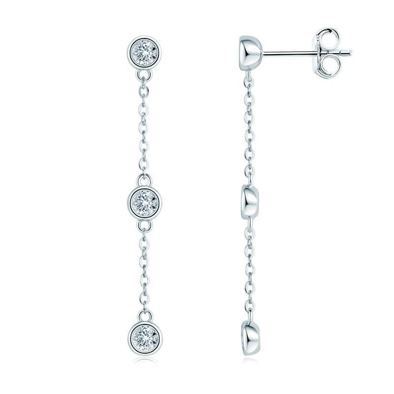 Moissanite Earrings Chain Drop 925 Silver Real Bezel Round Long
