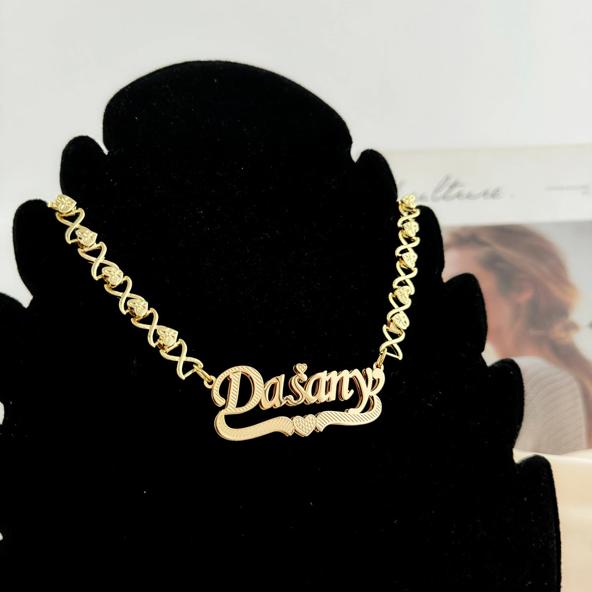 Name Necklace Pendant with Heart Double xoxo Chain Customized