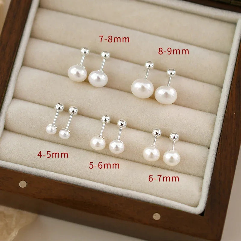 Natural Silver 925  Freshwater Pearl Spiral Clasp Stud Earrings