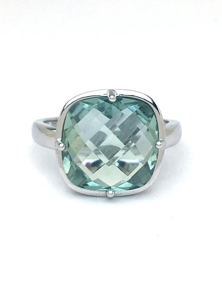 May Birthstone Green Rings Silver Natural Gemstone Cushion 12mm Lady