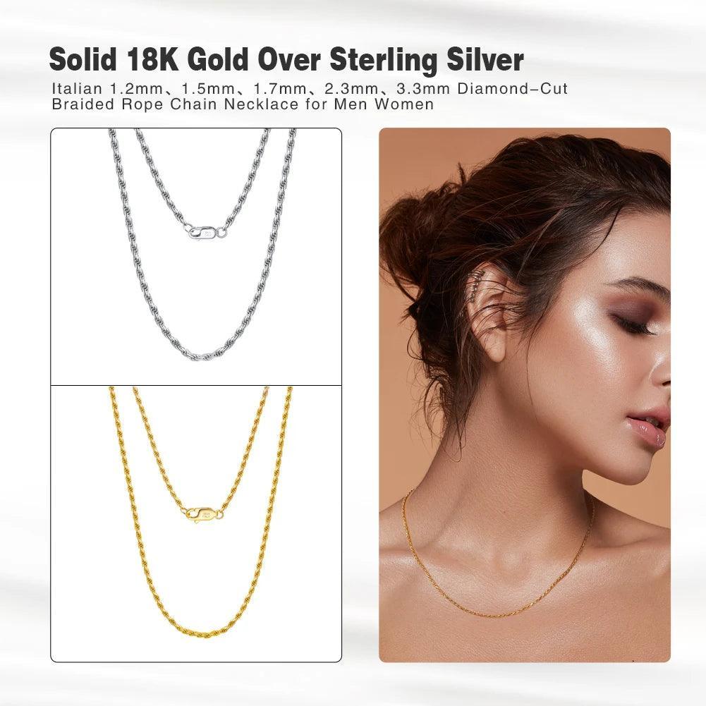 Genuine 925 Sterling Silver Italian Diamond Rope Chain 18K Gold Chain Jewelry