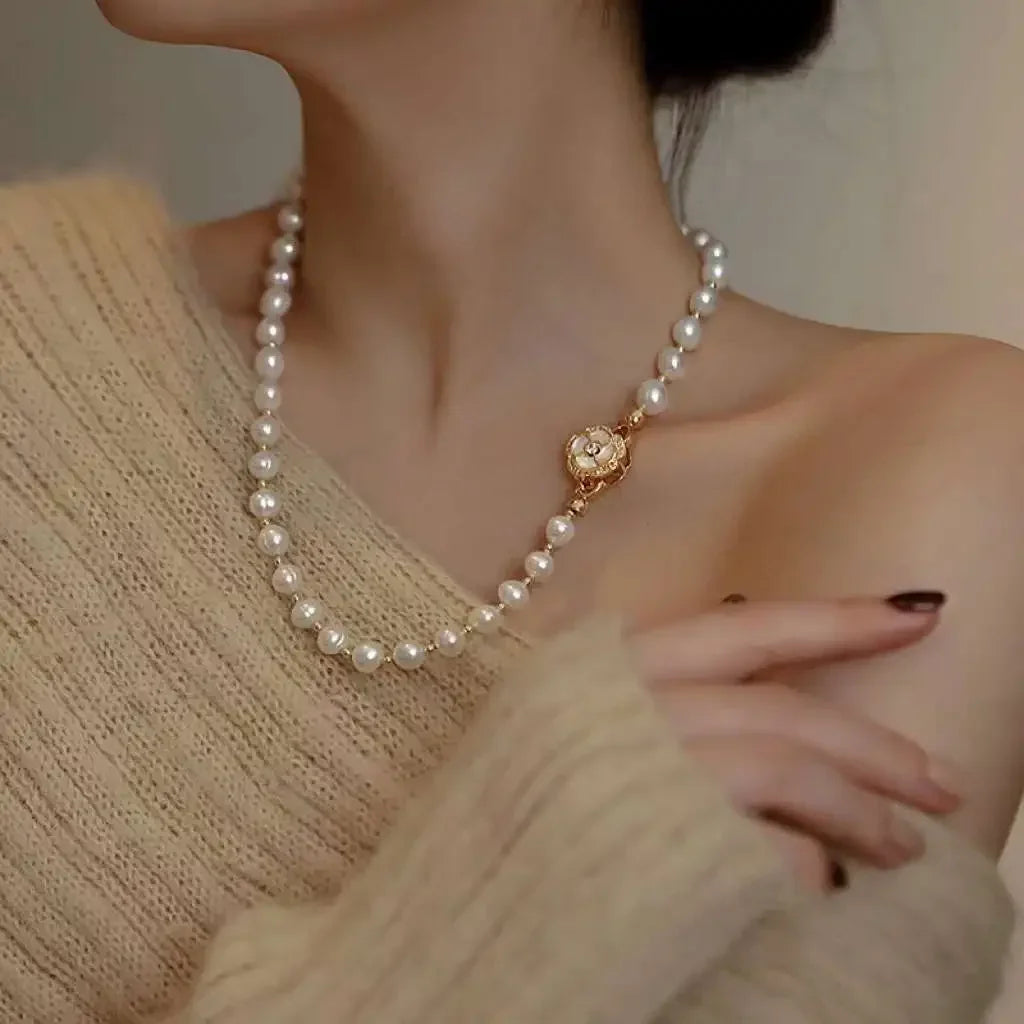 Pearl Necklace Natural Freshwater Ultra-delicate Camellia Clasp