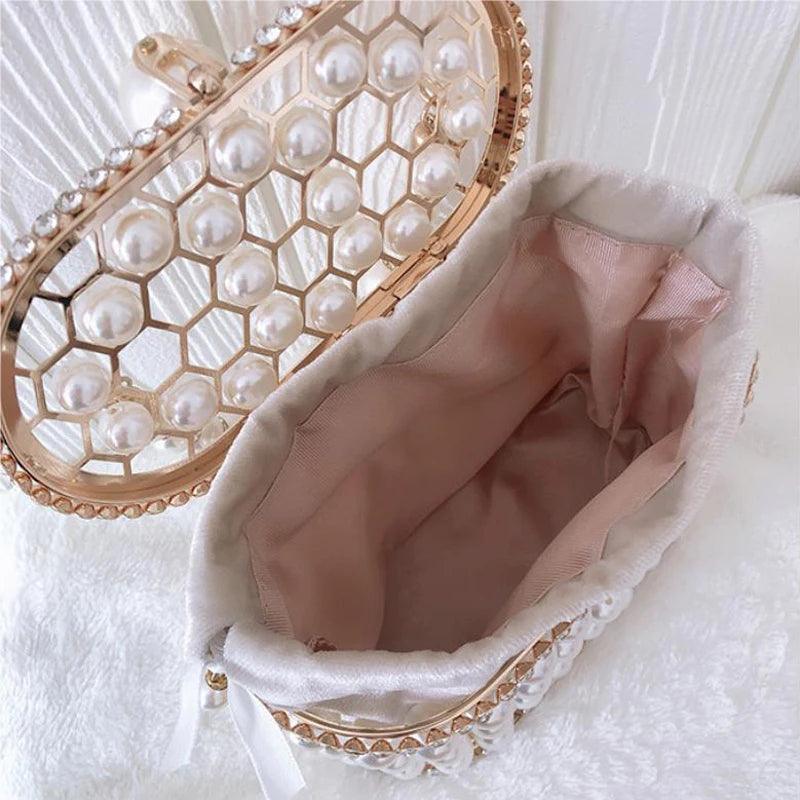 Luxury Designer Pearl Handbag and Purses Hollow Out Clutch Handle