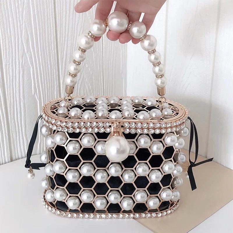 Luxury Designer Pearl Handbag and Purses Hollow Out Clutch Handle