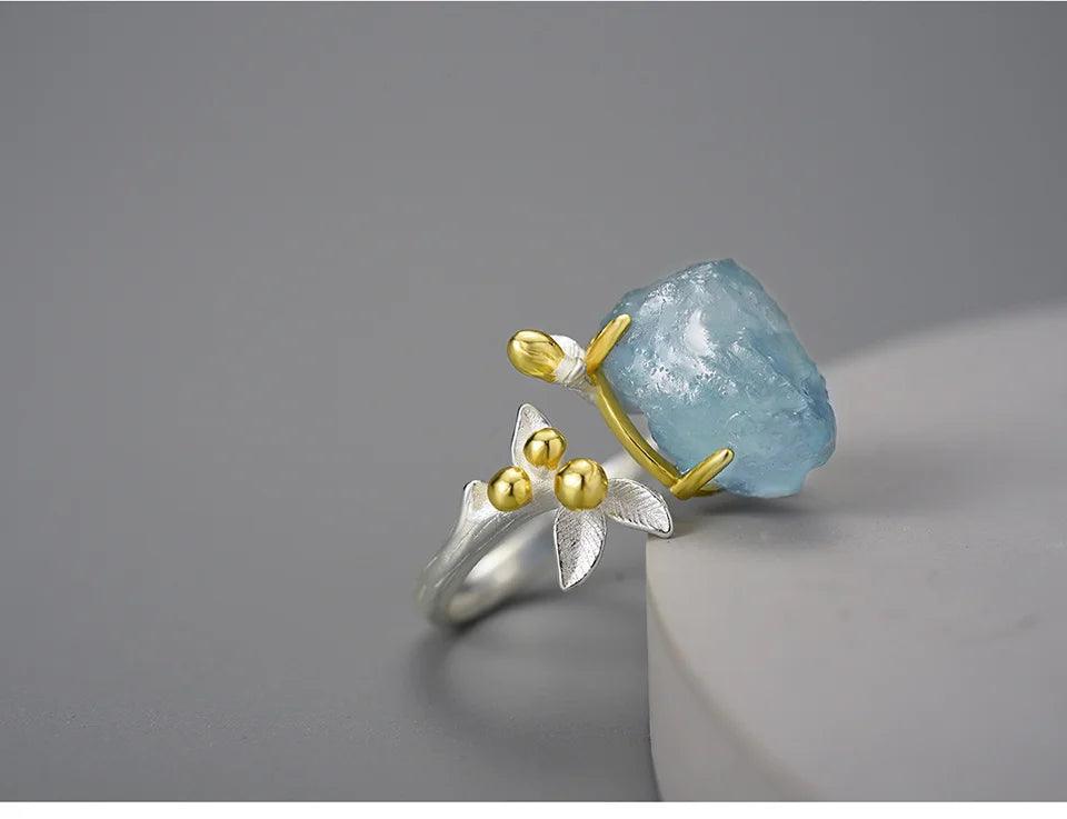 Natural Aquamarine Gemstone Flower 18K Gold Rings Sterling Silver 925