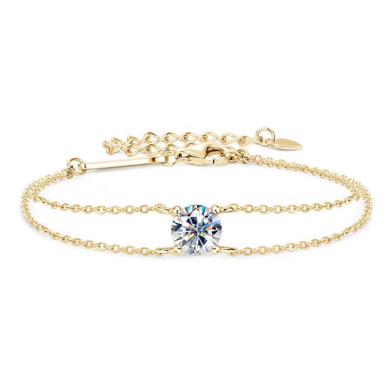 Diamond Bracelet 14K Gold Plated Double Chain with 1.0 Carat Single