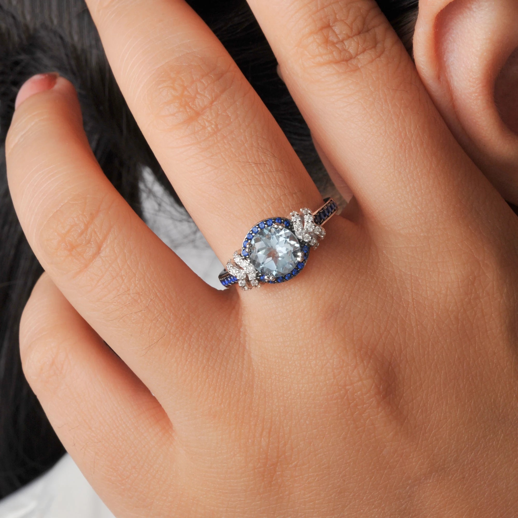 December Birthstone Round Natural Sky Blue Halo Ring Daily