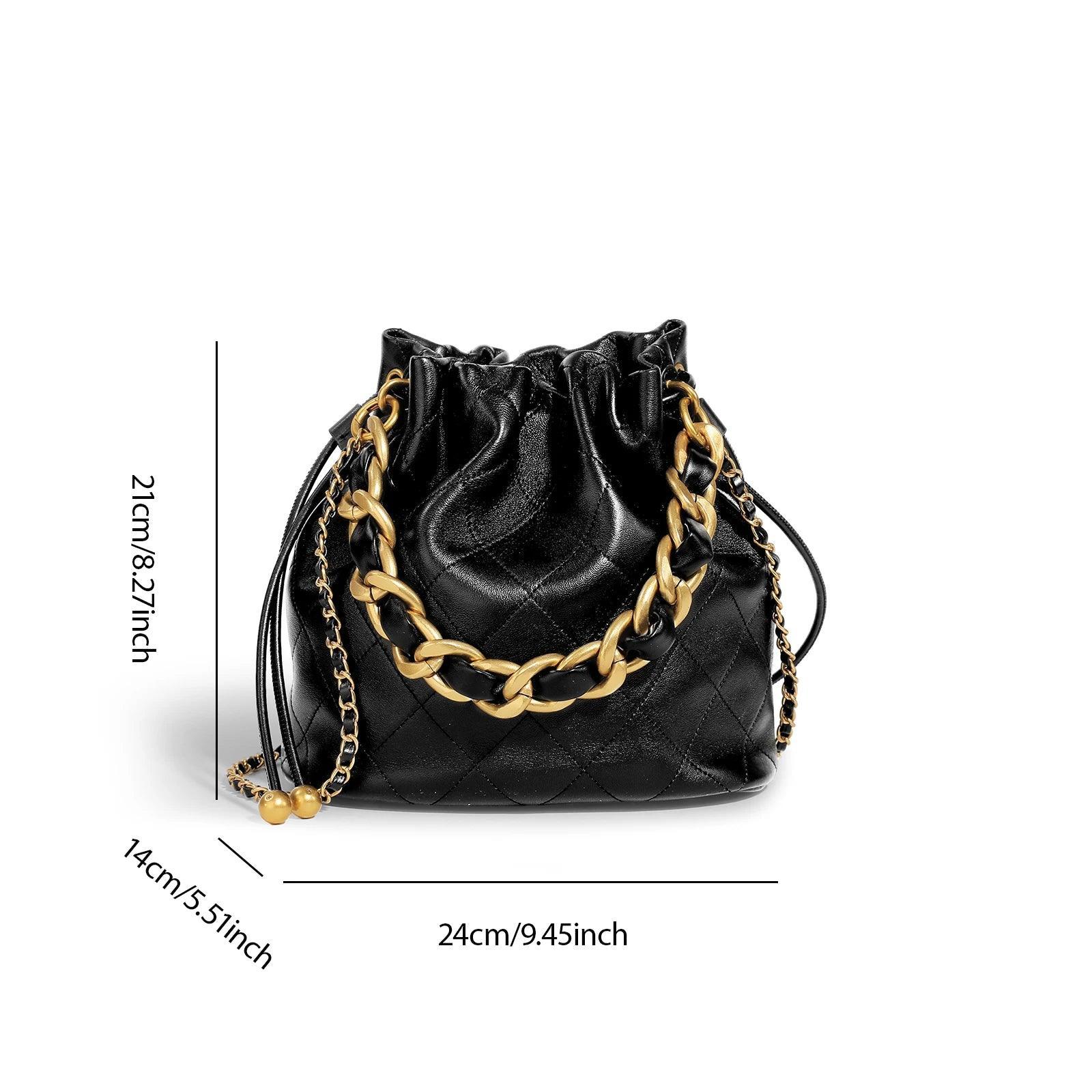 Genuine Leather Quilted Drawstring for Women with Chain Strap Handbag