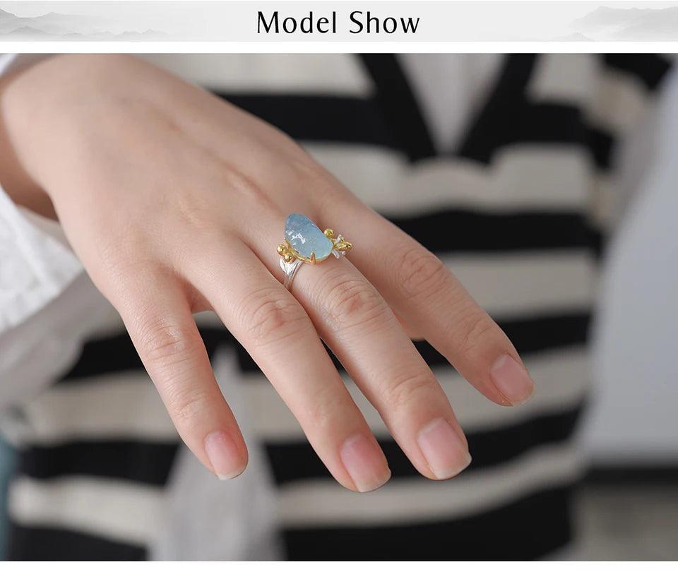 Natural Aquamarine Gemstone Flower 18K Gold Rings Sterling Silver 925