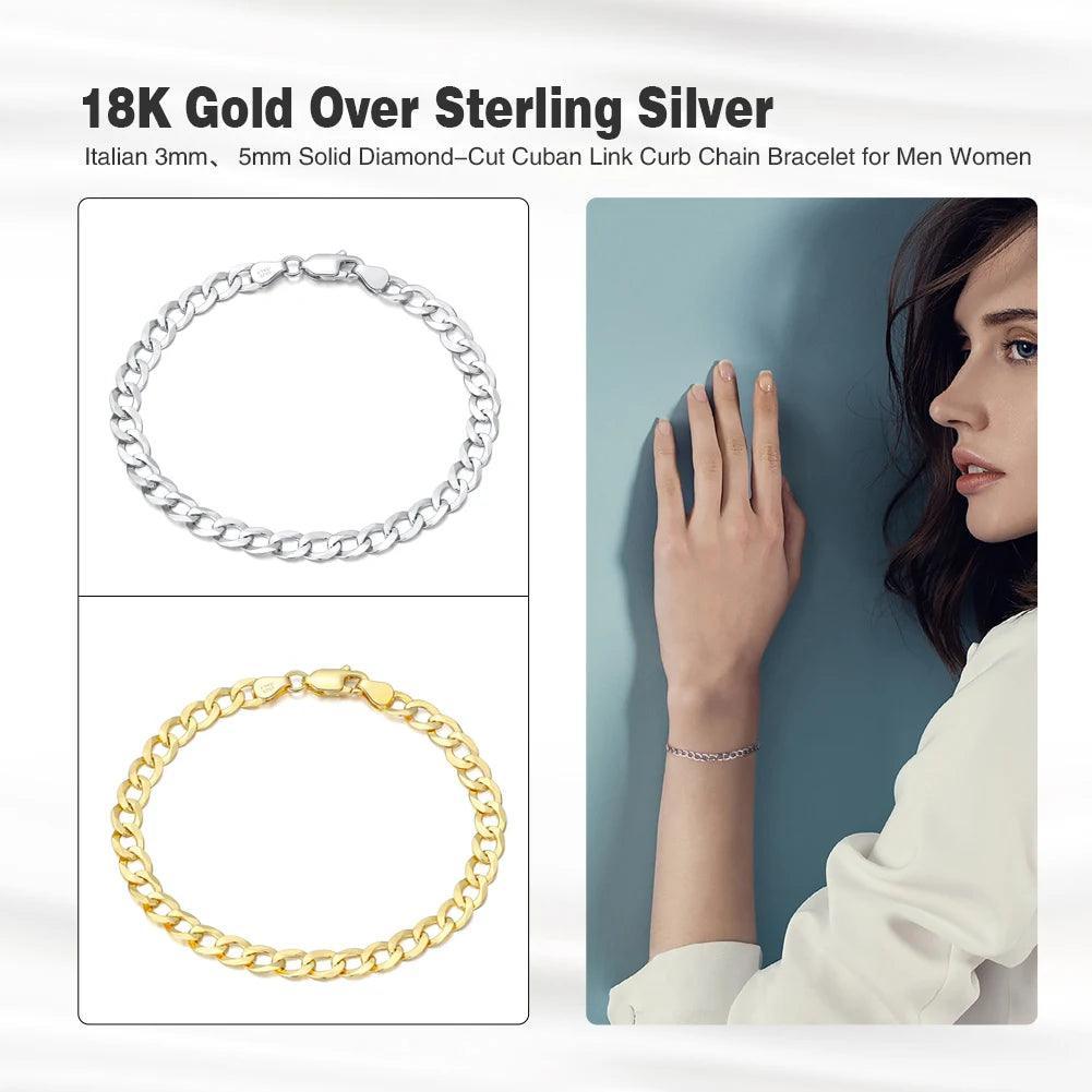 Sterling Silver 925 Link Curb Chain Bracelet 18K Gold  Bracelet