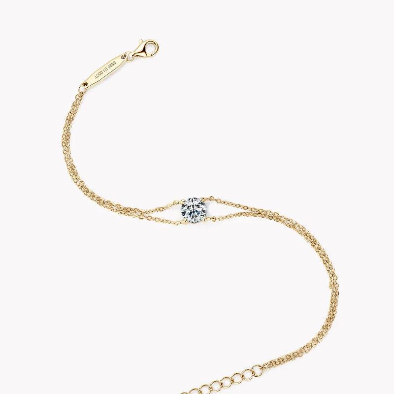 Diamond Bracelet 14K Gold Plated Double Chain with 1.0 Carat Single