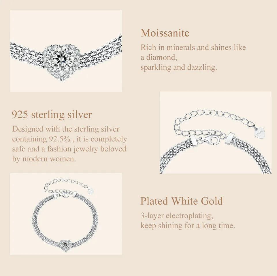 Solid 925 Sterling Silver Chain Bracelet, White Gold Plated Heart Moissanite Bracelet 