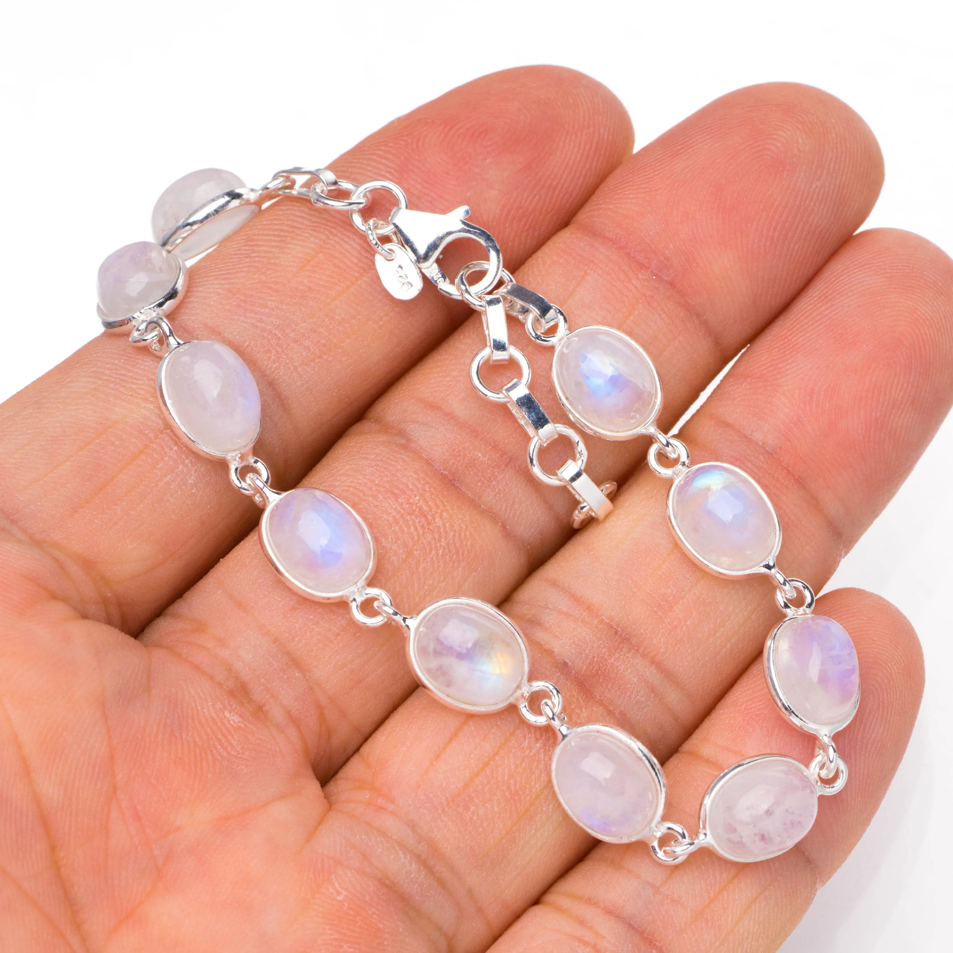 June Birthstone Natural Rainbow Moonstone 925 Sterling Silver Bracelet