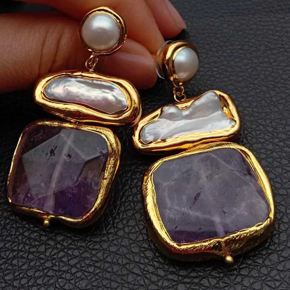 Pearl earrings Amethyst Faceted Square Freshwater White Biwa Stud 