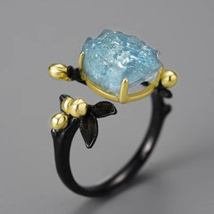 Natural Aquamarine Gemstone Flower 18K Gold   Rings Sterling Silver 925