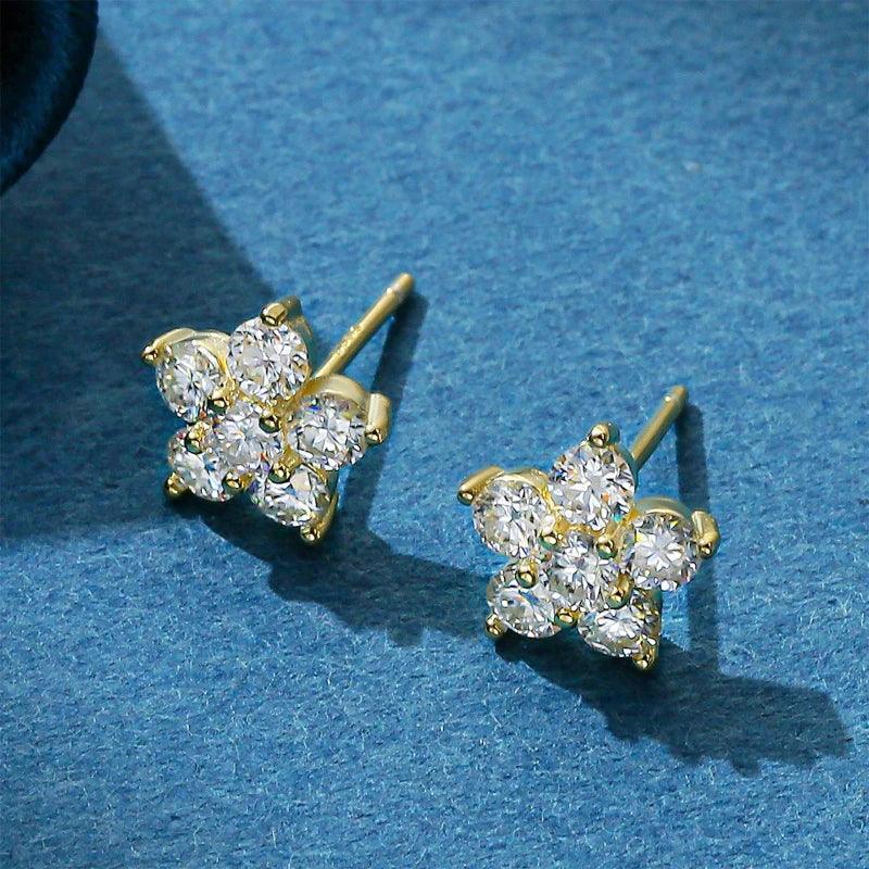 Moissanite Earring 5 Petal Flower White Gold Stud 925 Silver 