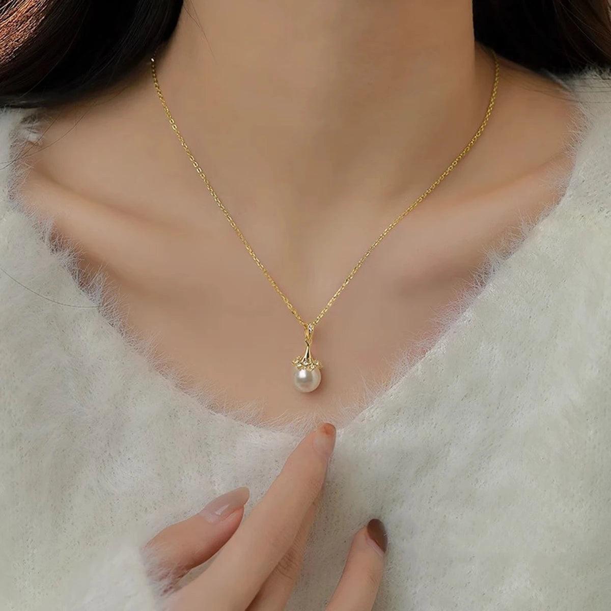 100% 18K Gold Natrual Fresh Water Pearl Necklace With Women Pendant Jewelry