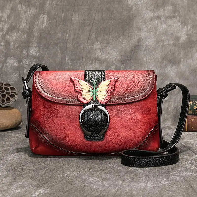 Women Bag Retro Genuine Leather Handbags Hand Painted Shoulder Bags