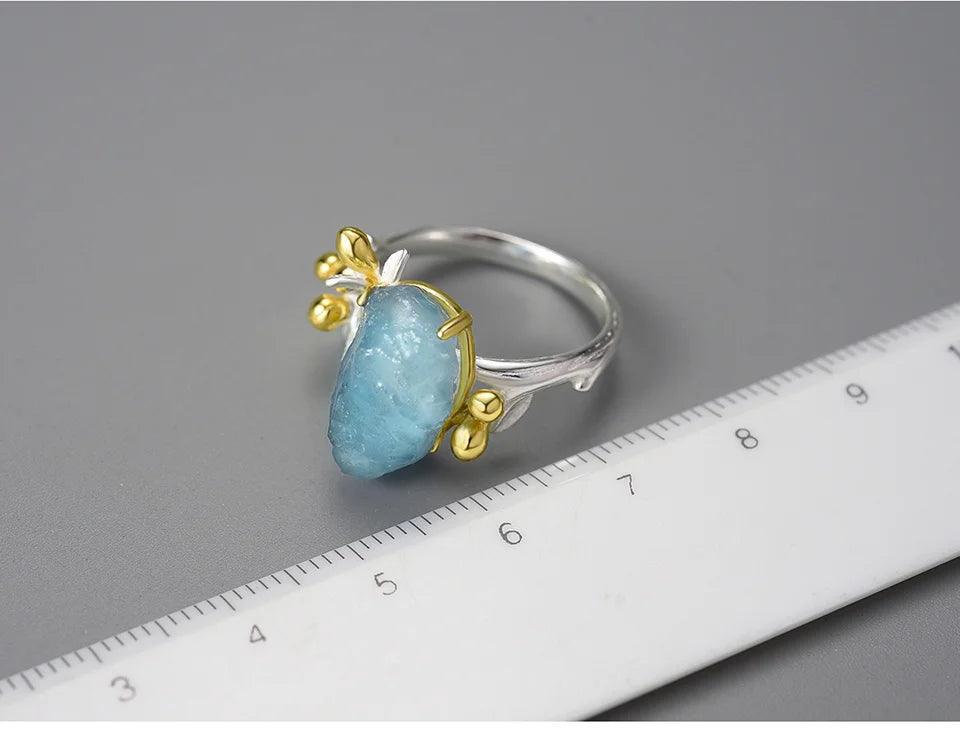 Natural Aquamarine Gemstone Flower 18K Gold Rings Sterling Silver 925