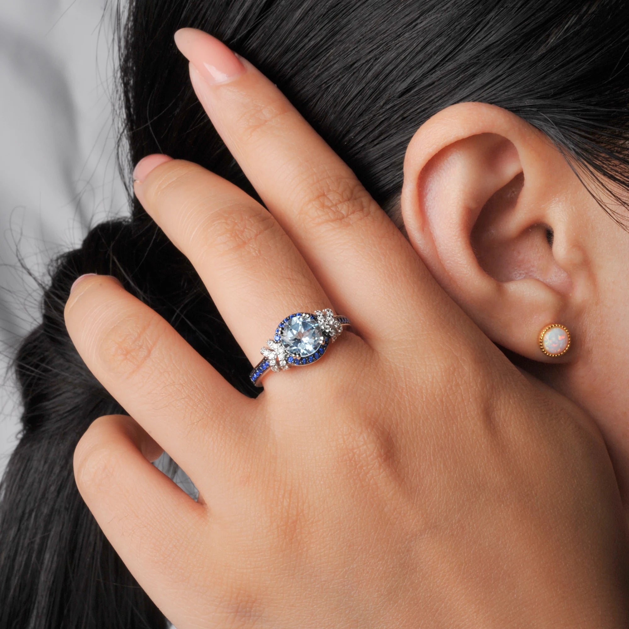 December Birthstone Round Natural Sky Blue Halo Ring Daily