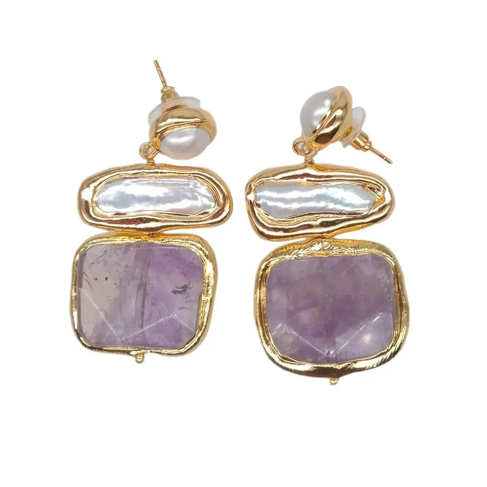 Pearl earrings Amethyst Faceted Square Freshwater White Biwa Stud 