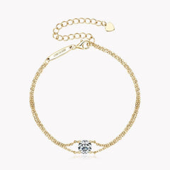 Diamond Bracelet 14K Gold Plated Double Chain with 1.0 Carat Single