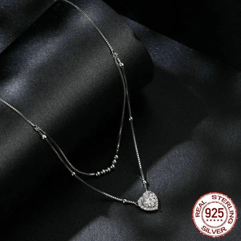 Diamond necklace Halo Heart Pendant Double-layer for Women