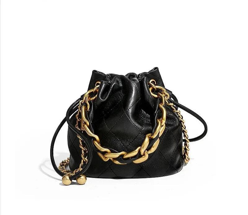 Genuine Leather Quilted Drawstring for Women with Chain Strap Handbag