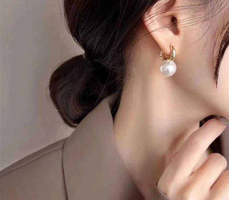 Sterling Silver Golden Pearl Earrings Round Fashion Simple Jewelry