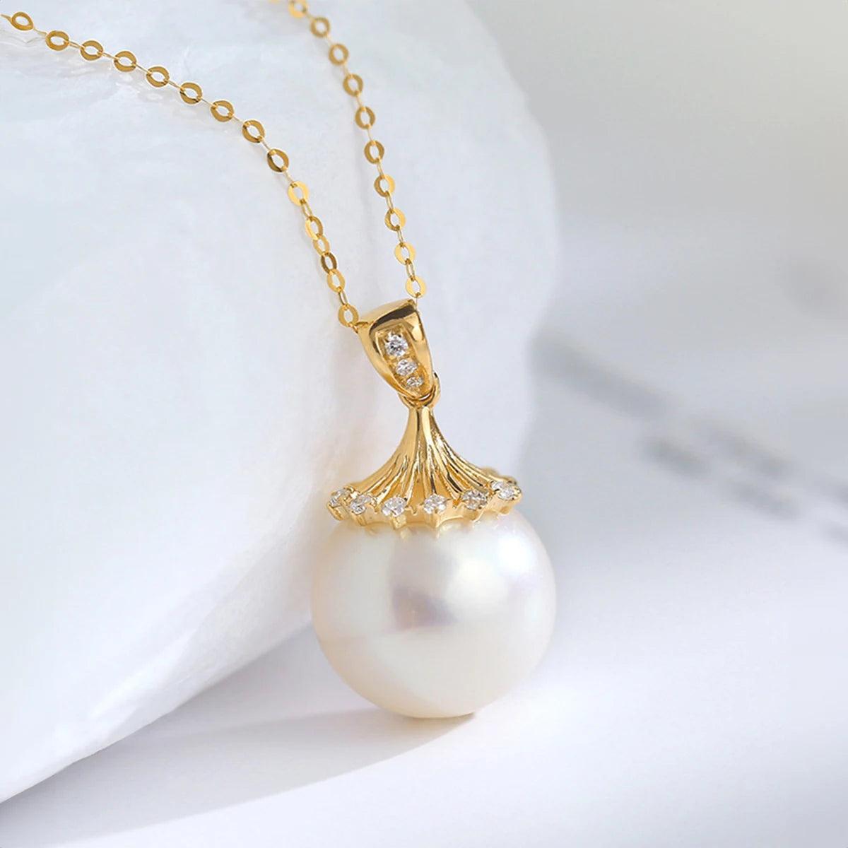 100% 18K Gold Natrual Fresh Water Pearl Necklace With Women Pendant Jewelry