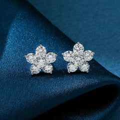 Moissanite Earring 5 Petal Flower White Gold Stud 925 Silver 