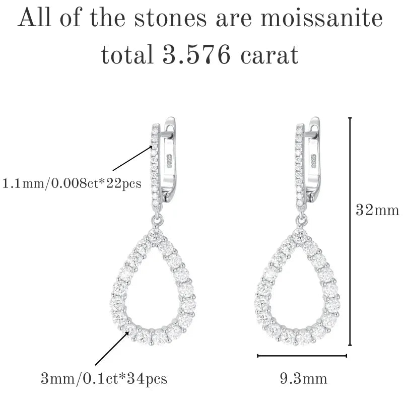 Moissanite Earrings Teardrop Drop S925 Silver Dangle Hanging Fine Jewelry