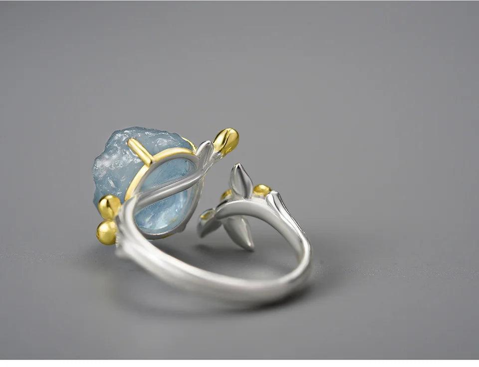 Natural Aquamarine Gemstone Flower 18K Gold Rings Sterling Silver 925