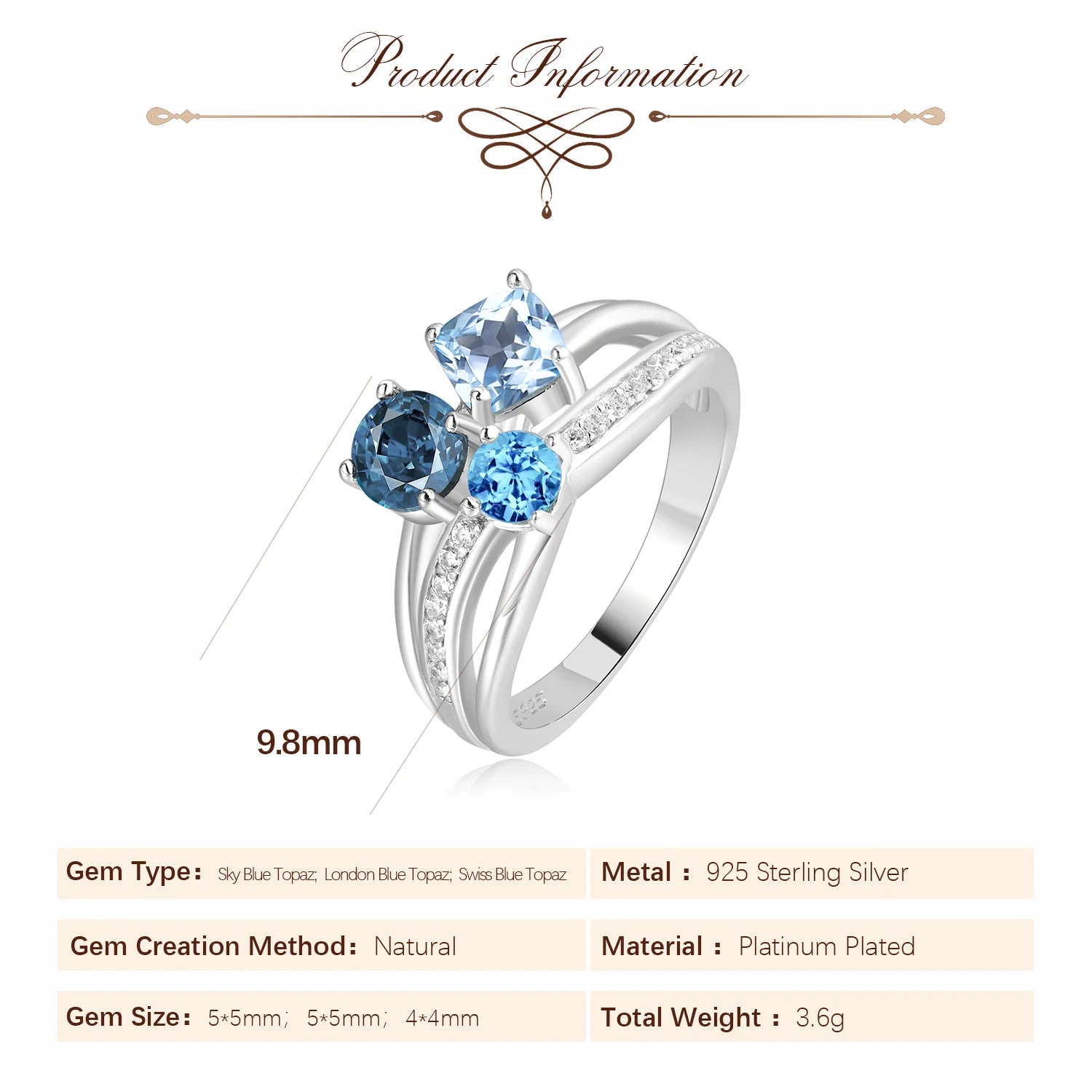 December Birthstone Genuine Natural Swiss Blue Luxury Ring Jewelry