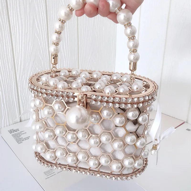 Luxury Designer Pearl Handbag and Purses Hollow Out Clutch Handle