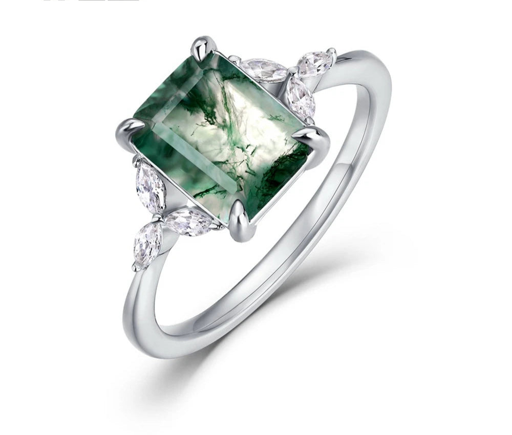 August Birthstone Green Moss Agate Ring for Woman Jewelry