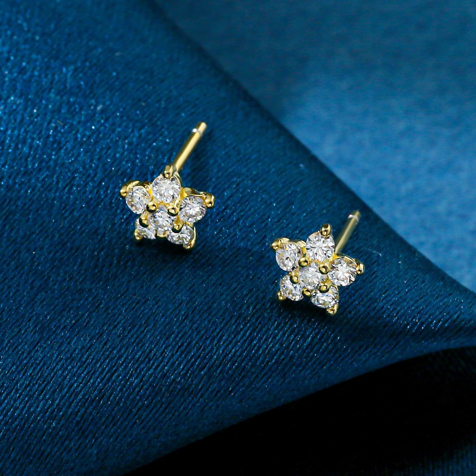 Moissanite Earring 5 Petal Flower White Gold Stud 925 Silver 