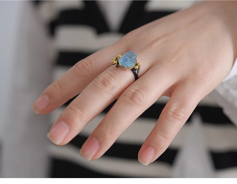 Natural Aquamarine Gemstone Flower 18K Gold Rings Sterling Silver 925