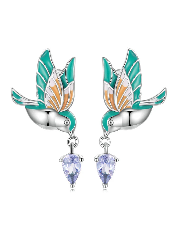 April Birthstone Green Dragonfly Stud Earrings White Gold Plated