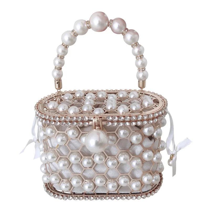 Luxury Designer Pearl Handbag and Purses Hollow Out Clutch Handle