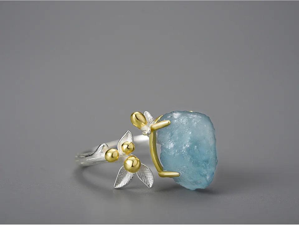 Natural Aquamarine Gemstone Flower 18K Gold Rings Sterling Silver 925