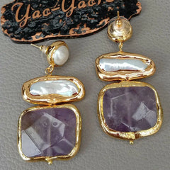 Pearl earrings Amethyst Faceted Square Freshwater White Biwa Stud 