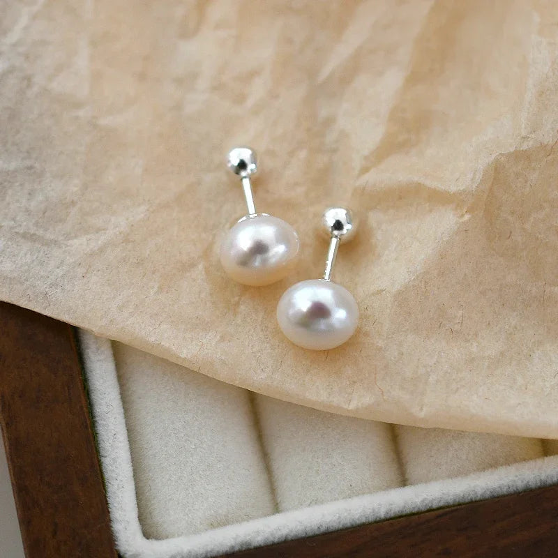 Natural Silver 925  Freshwater Pearl Spiral Clasp Stud Earrings