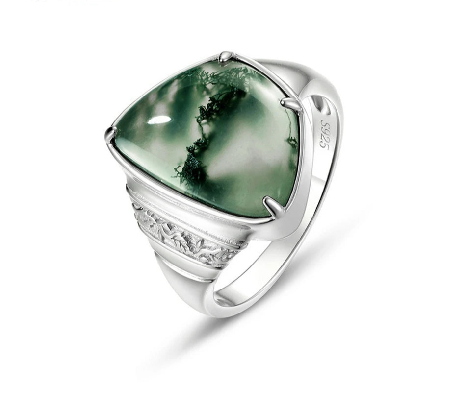 August Birthstone Green Moss Agate Ring for Woman Jewelry