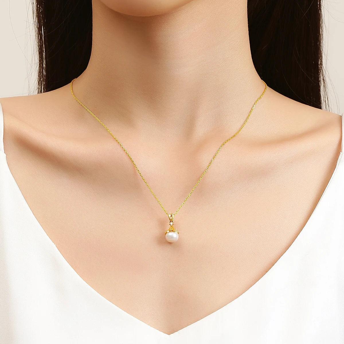 100% 18K Gold Natrual Fresh Water Pearl Necklace With Women Pendant Jewelry